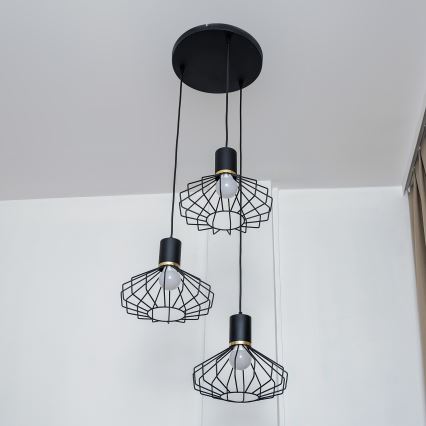 Riippuvalaisin vaijerilla SOLANO 3xE27/15W/230V musta/kulta