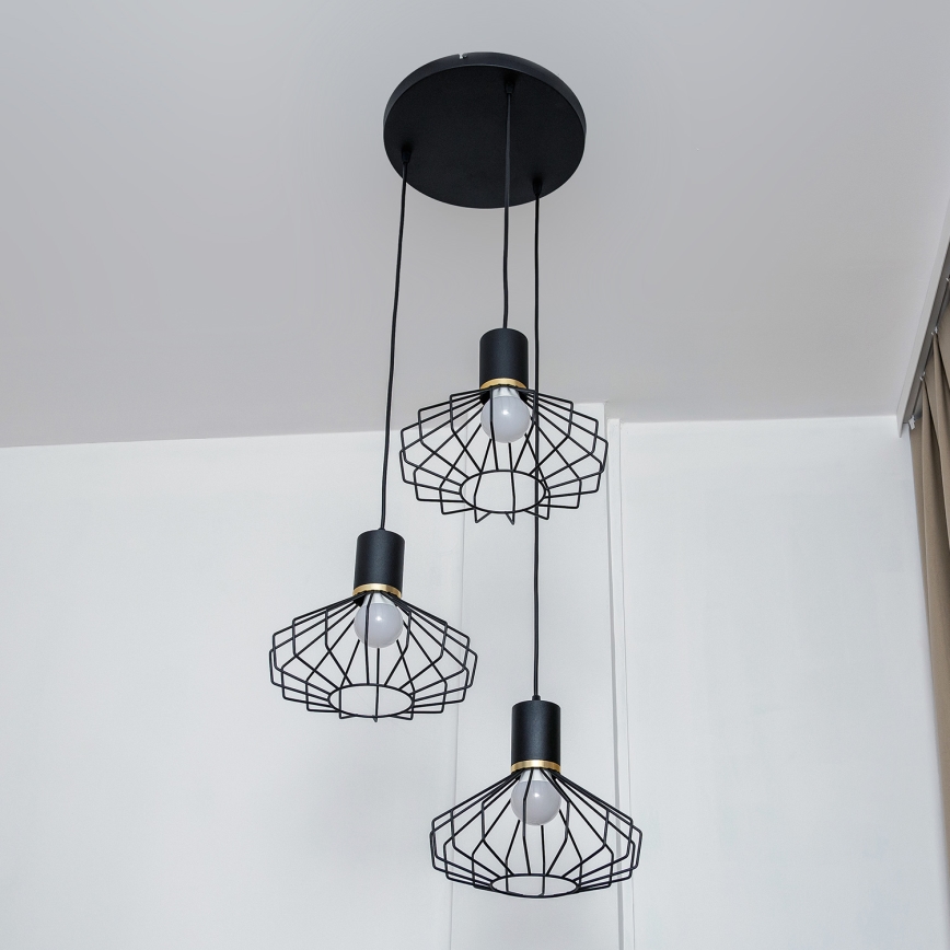 Riippuvalaisin vaijerilla SOLANO 3xE27/15W/230V musta/kulta