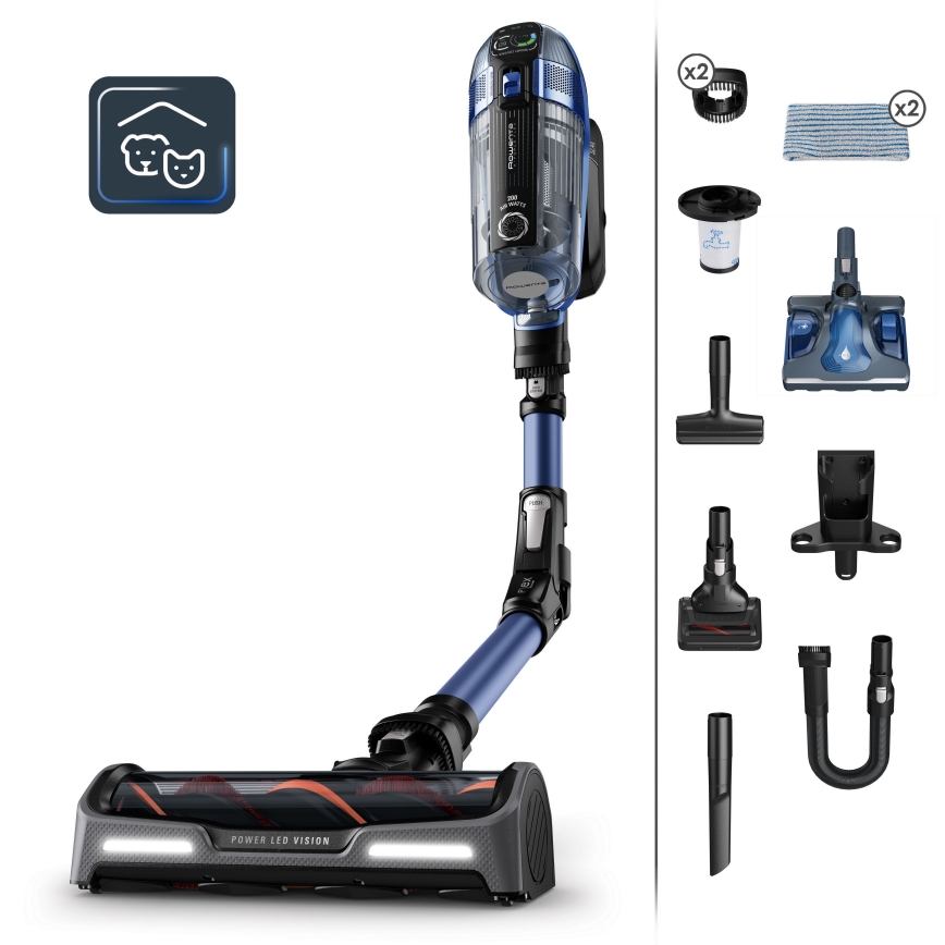 Rowenta - Sauva imuri mopilla X-FORCE FLEX ANIMAL AQUA AUTO 3in1 480W/32,4V 2500 mAh sininen