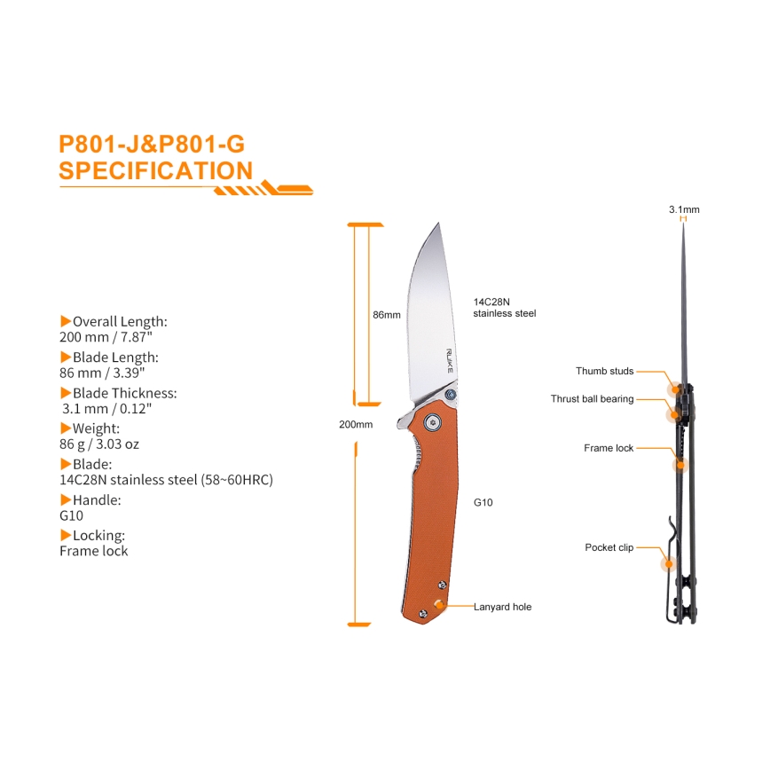 Ruike RUP801J - Taitettava taskuveitsi 20 cm oranssi
