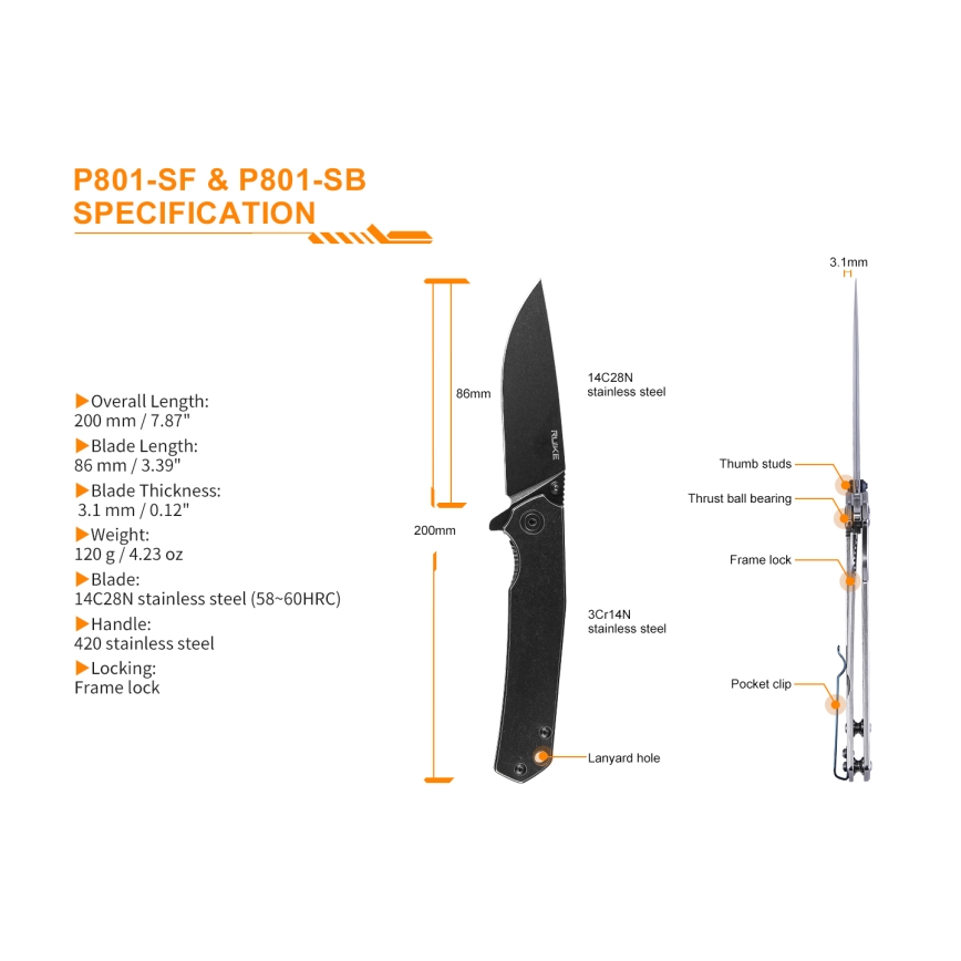 Ruike RUP801SB - Taitettava taskuveitsi 20 cm harmaa