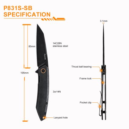 Ruike RUP831SSB - Taittuva veitsi 19,5 cm musta