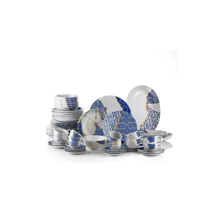 Ruokailusetti 28 kpl valkoinen/kultainen/sininen/posliini