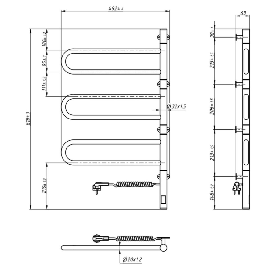 Sähköinen pyörivä pyyhekuivain termostaatilla FOUETTE 185W/230V 81,8 cm IP44 musta