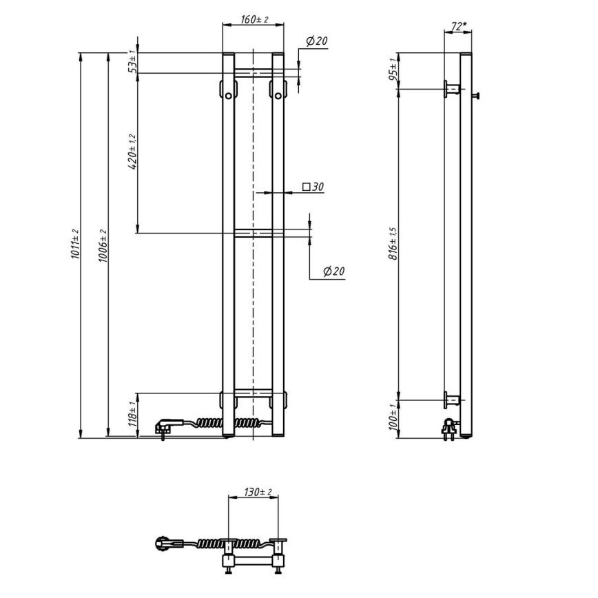 Sähköinen pyyhekuivain SILOUETTE 187W/230V 101,1 cm IP44 valkoinen oikeanpuoleinen kulmikas