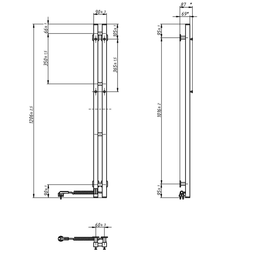 Sähköinen pyyhekuivain termostaatilla SILOUETTE 187W/230V 120,6 cm IP44 valkoinen oikea kulmikas