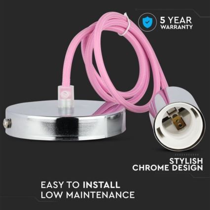 Sähköjohto 1xE27/60W/230V vaaleanpinkki/kiiltävä kromi