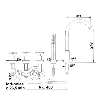 Sapho - AXIA 5-reikäinen ammehana, kiiltävä kromi