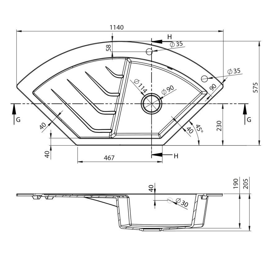 Sapho - Kulma-keittiöallas 114x57,5 cm graniitti/musta