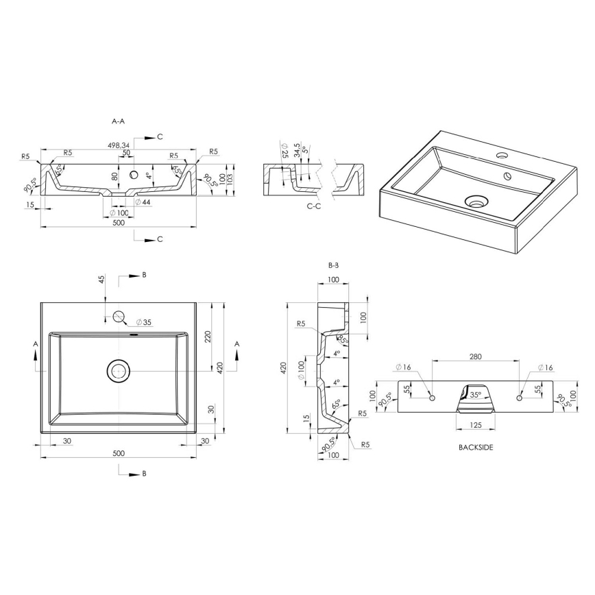 Sapho - ORINOKO tasolle asennettava pesuallas 50x42 cm marmori/valkoinen