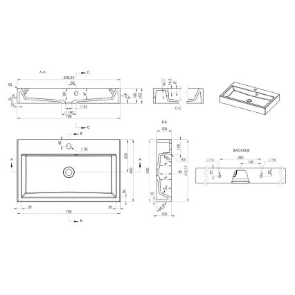 Sapho - Pesuallas pöytätasolle ORINOKO 70x42 cm marmori/valkoinen