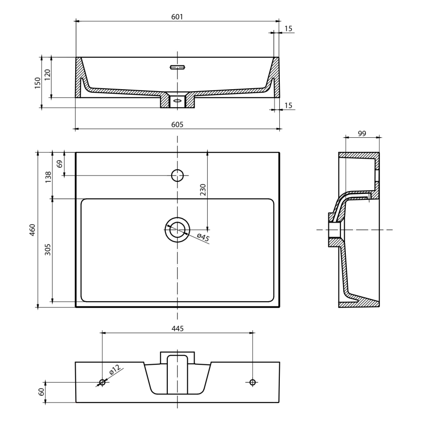 Sapho - Seinään asennettava pesuallas AQUATIC 60x46 cm keramiikka/valkoinen