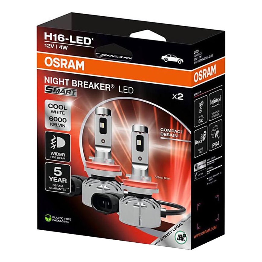Sarja 2 kpl LED-autopolttimoa NIGHT BREAKER SMART H16 PGJ19-3/4W/12V 6000K - Osram