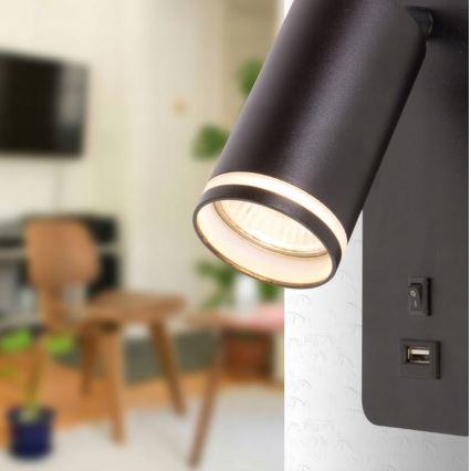 Seinäkohdevalaisin USB-laturilla 1xGU10/35W/230V musta