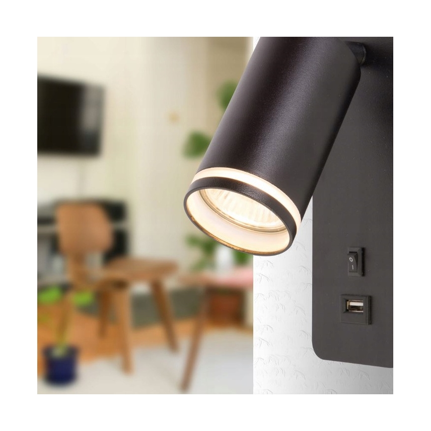 Seinäkohdevalaisin USB-laturilla 1xGU10/35W/230V musta