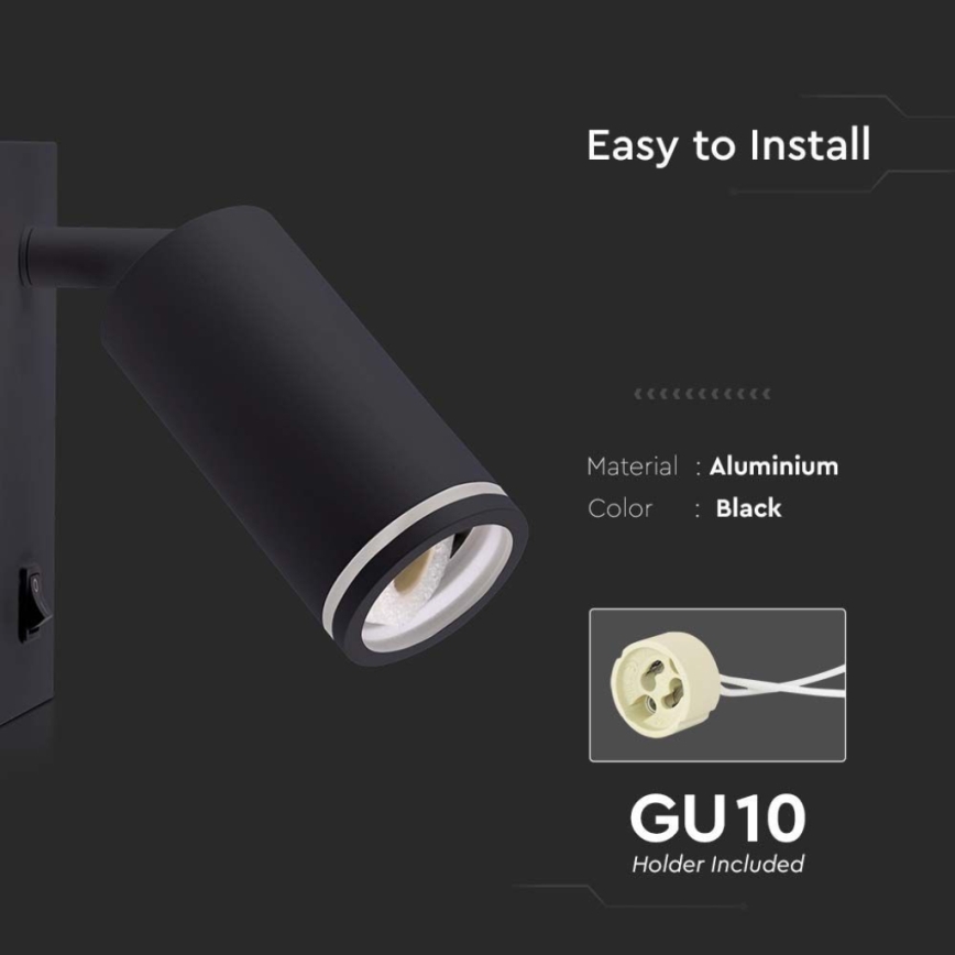 Seinäkohdevalo kytkimellä 1xGU10/35W/230V musta