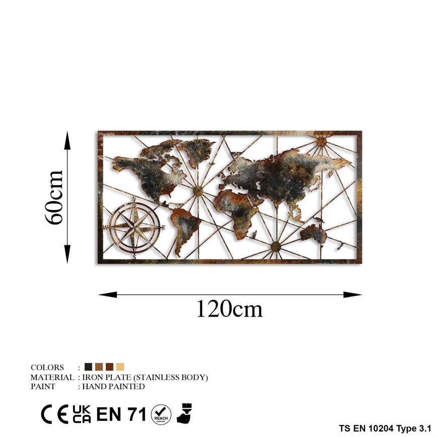 Seinäkoriste 120x60 cm maailman kartta metalli