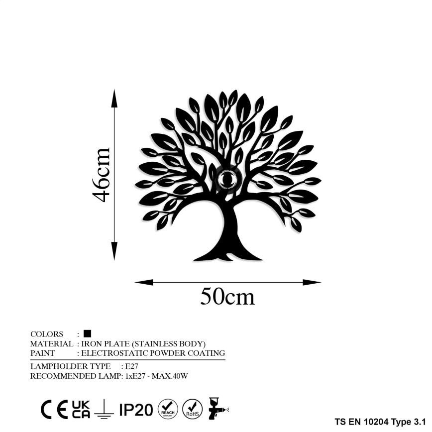 Seinävalaisin HEART TREE 1xE27/40W/230V musta