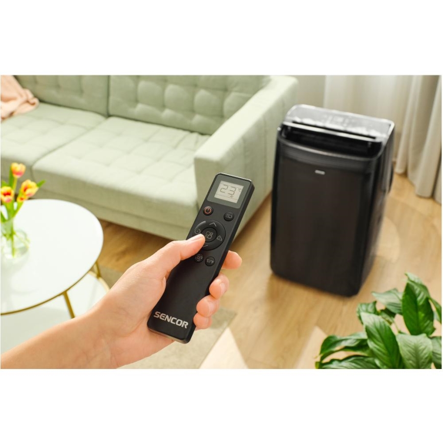 Sencor - Älykäs mobiililaitteinen ilmastointilaite 4-in-1 täydellisellä lisävarustepaketilla 900W/230V 9000 BTU Wi-Fi musta + kaukosäädin