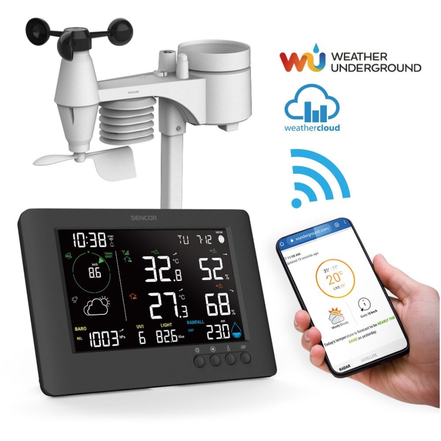 Sencor - Ammattilaisluokan sääasema värillisellä LCD-näytöllä ja herätyskellolla 5V/1xCR2032 + 3xAA Wi-Fi