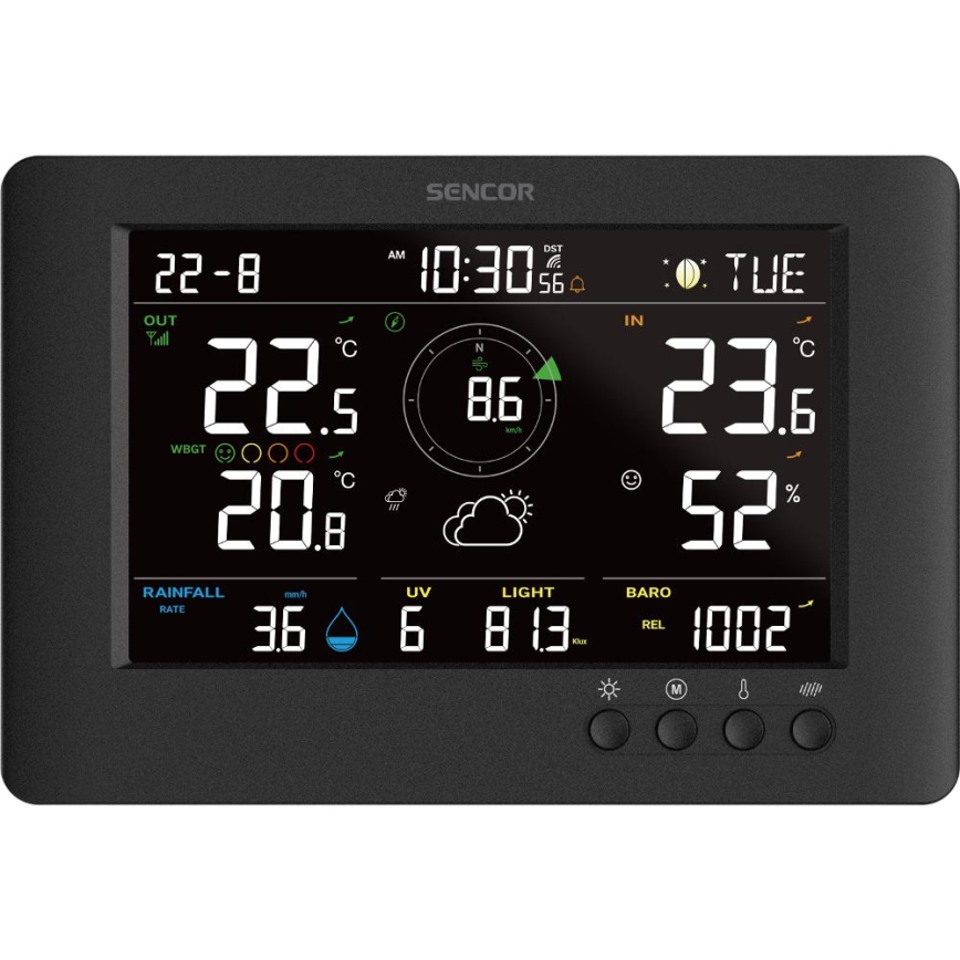 Sencor - Ammattimainen sääasema värikkäällä LCD-näytöllä ja Herätyskello 5V/1xCR2032 + 3xAA