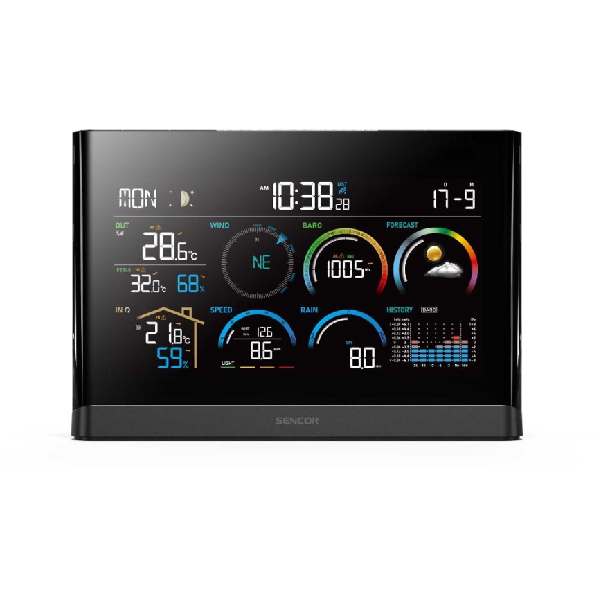 Sencor - Ammattimainen sääasema värikkäällä LCD-näytöllä ja Herätyskello 5V/3xAAA + 3xAA