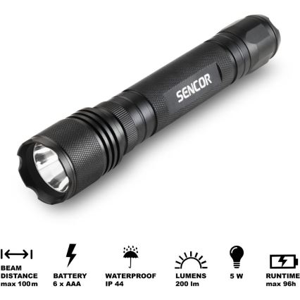 Sencor - LED Alumiininen taskulamppu LED/5W/6xAAA IP44 musta