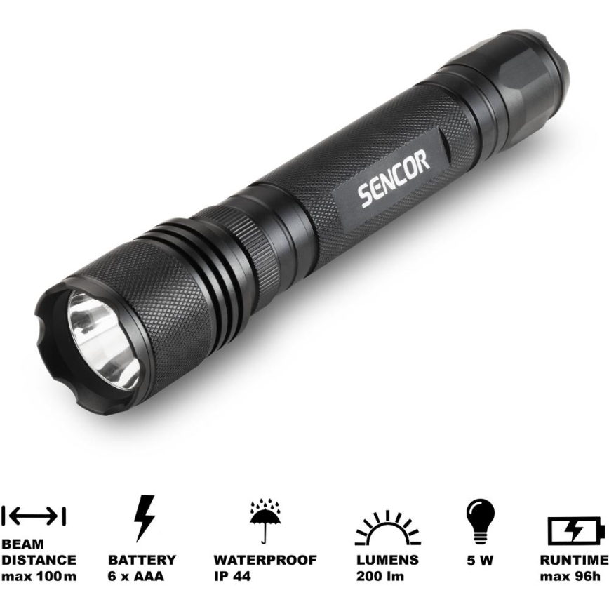 Sencor - LED Alumiininen taskulamppu LED/5W/6xAAA IP44 musta