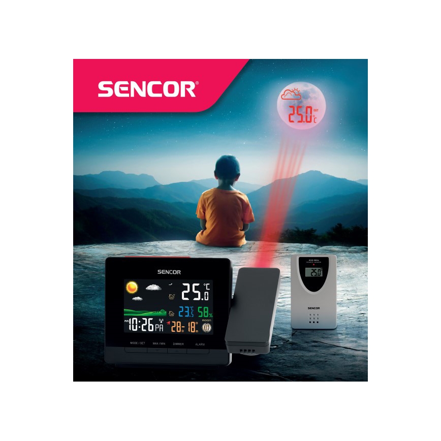 Sencor - Sääasema, jossa värillinen LCD-näyttö, herätyskello ja projektio 2xAA