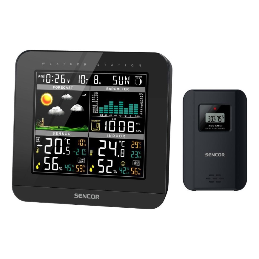 Sencor - Sääasema värillisellä LCD-näytöllä ja Herätyskello 3xAAA musta