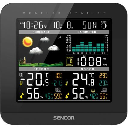Sencor - Sääasema värillisellä LCD-näytöllä ja Herätyskello 3xAAA musta