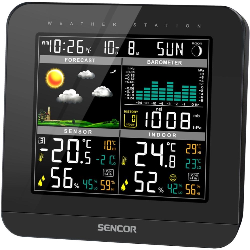 Sencor - Sääasema värillisellä LCD-näytöllä ja Herätyskello 3xAAA musta