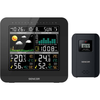 Sencor - Sääasema värillisellä LCD-näytöllä ja Herätyskello 3xAAA musta