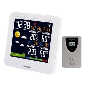 Sencor - Sääasema värillisellä LCD-näytöllä ja herätyskellolla 3xAAA + 2xAAA valkoinen