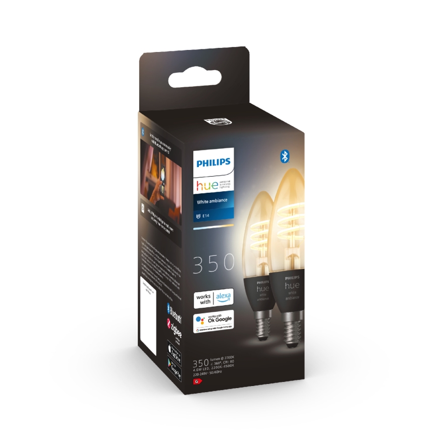 SET 2x LED-himmennettävä polttimo Philips Hue WHITE AMBIANCE E14/4,6W/230V