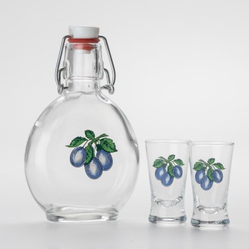 Setti 1x lasipullo ja 2x shottilasi läpinäkyvä luumuteema