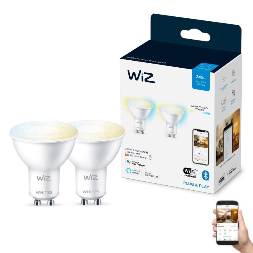 SETTI 2x Himmennettävä LED-polttimo PAR16 GU10/4,7W/230V 2700-6500K CRI 90 Wi-Fi - WiZ