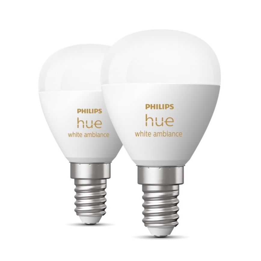 SETTI 2x Himmennettävä LED-polttimo Philips Hue WHITE AMBIANCE P45 E14/5,1W/230V 2200-6500K