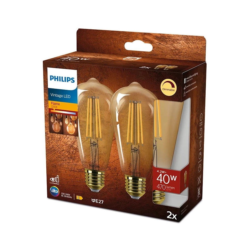 SETTI 2x Himmennettävä LED-polttimo VINTAGE Philips ST64 E27/4,2W/230V 2200K