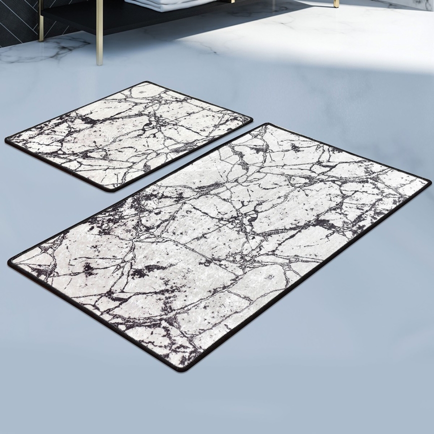 SETTI 2x Kylpyhuonematto MARBLE 60/100 cm valkoinen/musta