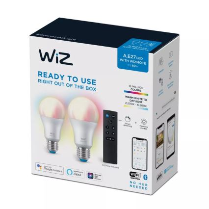SETTI 2x LED RGBW Himmennettävä polttimo A60 E27/8,5W/230V 2200-6500K Wi-Fi + kauko-ohjaus - WiZ