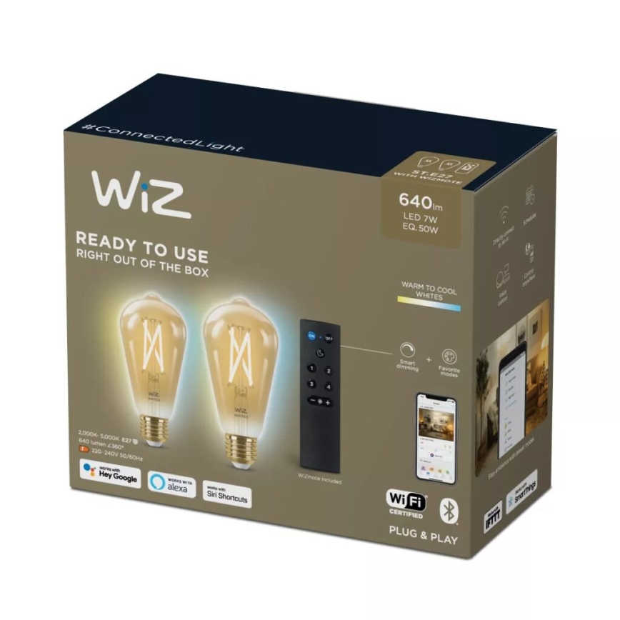 SETTI 2x Himmennettävä LED-polttimo ST64 E27/7W/230V 2000-5000K CRI 90 Wi-Fi + kauko-ohjaus - WiZ