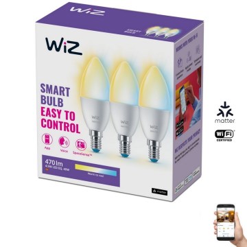 SETTI 3x Himmennettävä LED-polttimo C37 E14/4,9W/230V 2700-6500K CRI 90 Wi-Fi - WiZ
