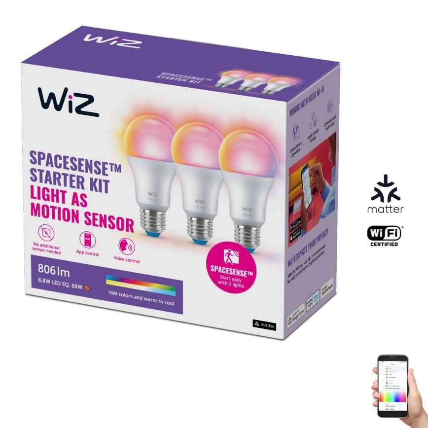 SETTI 3x LED RGBW Himmennettävä polttimo A60 E27/8,8W/230V 2200-6500K Wi-Fi - WiZ