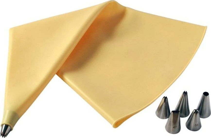 Silikoninen pursotuspussi + 6 TORO-suutinta keltainen/ruostumaton teräs