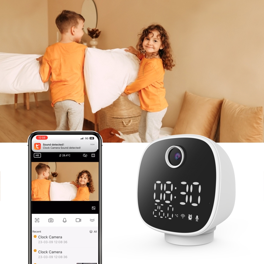 Älykamera herätyskellolla, lämpömittarilla ja LED-valolla 1296p 3Mpx 5V Wi-Fi Tuya IP65
