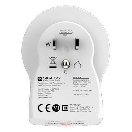 Solight PA29USB - Matkasovitin USA: n 230V + 2x USB-portti