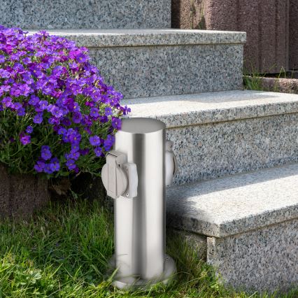 Ulkoinen pistorasiapylväs 2x 230V IP44 mattakromi pyöreä