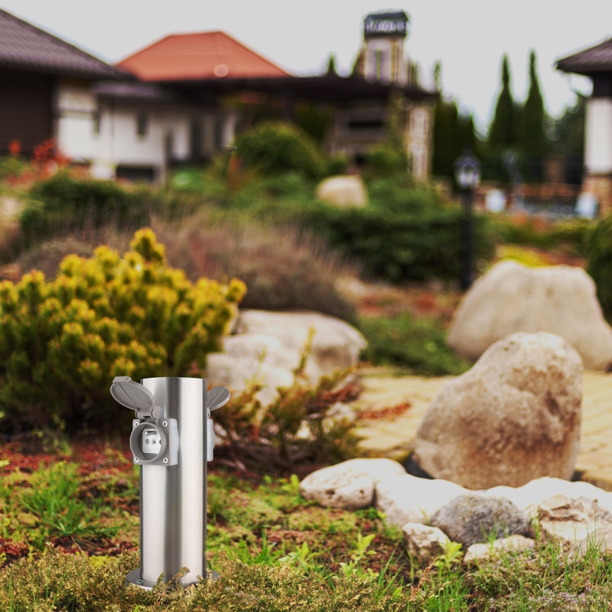 Ulkoinen pistorasiapylväs 2x 230V IP44 mattakromi pyöreä