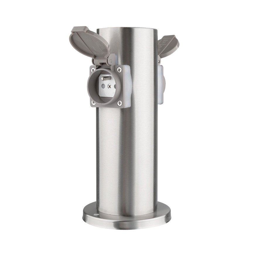 Ulkoinen pistorasiapylväs 2x 230V IP44 mattakromi pyöreä